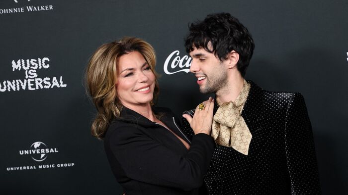 Canadian singer-songwriter Shania Twain and US singer-songwriter Stephen Sanchez attend Universal Music Group's Grammy after party at Nya Studios West in Los Angeles on February 1, 2026. (Photo by Michael Tran / AFP)