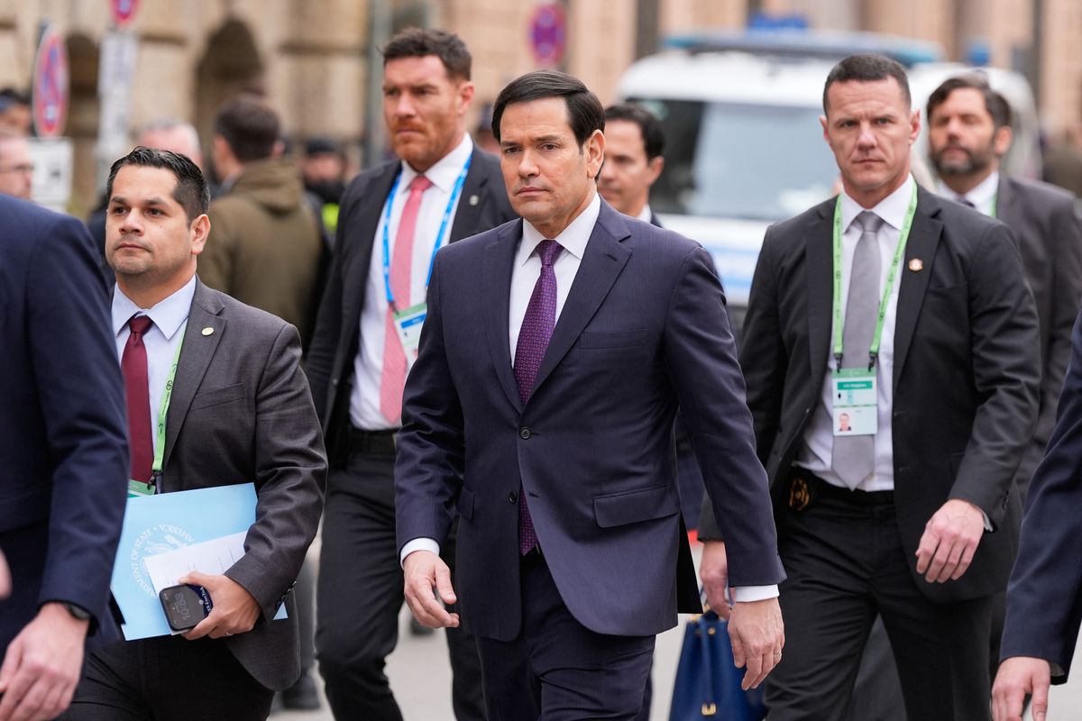 US Secretary of State Marco Rubio walks to a meeting of G7 foreign ministers on the sidelines of the 62nd Munich Security Conference (MSC) on February 14, 2026 in Munich, southern Germany. Heads of state and government as well as foreign and defence ministers from all over the world are expected to attend the security policy talks from February 13 to 15, 2026. (Photo by Alex Brandon / POOL / AFP)