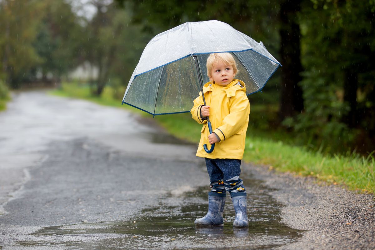 Cute blond toddler child, boy, playing in the rain with umbrella on a foggy autumn day on a rural road