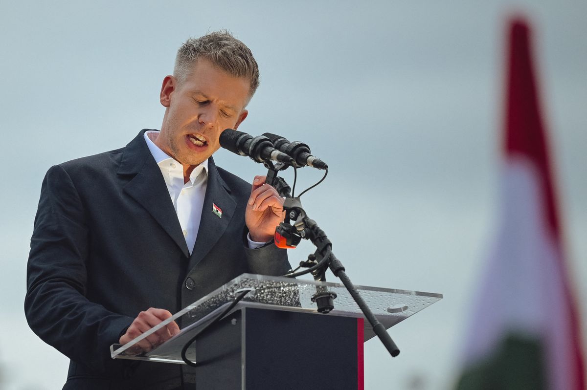 BUDAPEST, HUNGARY - OCTOBER 23: Opposition leader Peter Magyar of the Tisza Party addresses the crowd during a ‘peace march’ at Heroes’ Square in Budapest, Hungary, on October 23, 2025. Participants carried flags and banners calling for change and criticizing the government’s foreign and domestic policies. Robert Nemeti / Anadolu (Photo by Robert Nemeti / Anadolu via AFP)