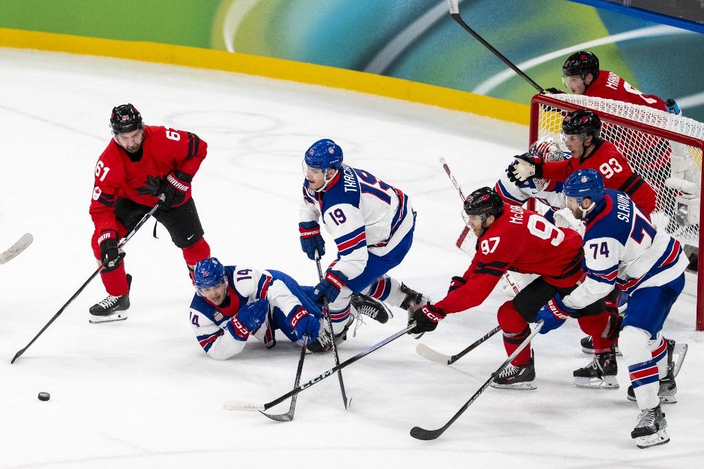 Mark Stone, Brock Faber, Matthew Tkachuk, Connor McDavid during the Men's Playoffs final match between Canada and United States of the Milano Cortina 2026 Winter Olympic games at Milano Santagiulia Ice Hockey Arena on February 20, 2026 in Milan, Italy. (Photo by Andrzej Iwanczuk/NurPhoto) (Photo by ANDRZEJ IWANCZUK / NurPhoto via AFP)