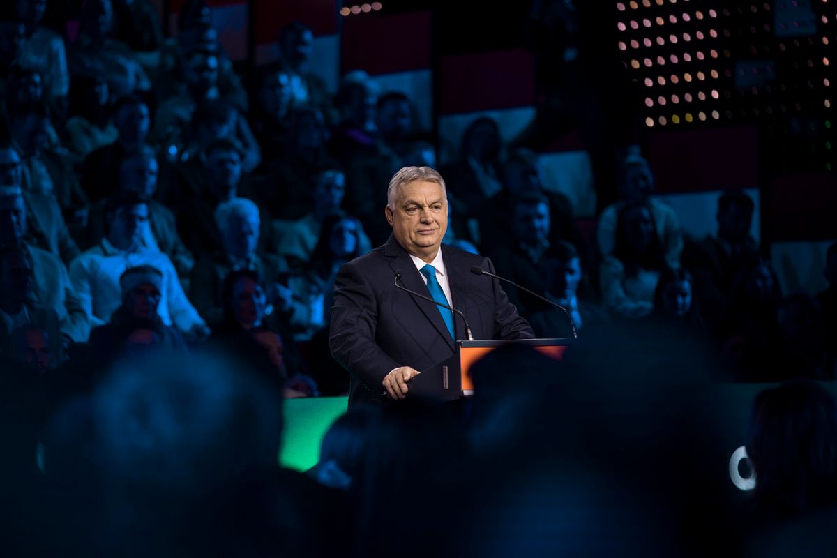 Budapest, 2026. február 14.
A Miniszterelnöki Kommunikációs Főosztály által közreadott képen Orbán Viktor miniszterelnök évértékelő beszédét tartja a Várkert Bazárban 2026. február 14-én.
MTI/Miniszterelnöki Kommunikációs Főosztály/Kaiser Ákos