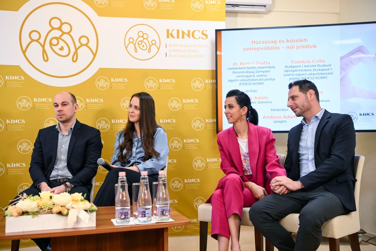Budapest, 2026. február 9.
Koncz Zsófia, a Kulturális és Innovációs Minisztérium családokért felelős államtitkára (b3) és férje, Varkoly Ádám, Szerencs alpolgármestere (b4), valamint Fazekas Csilla (Fidesz-KDNP), az I. kerület alpolgármestere (b2) és férje, Ondré Péter, az Agrármarketing Centrum ügyvezetője (b1) a Házasság hete alkalmából tartott Házasság és közélet című konferencia pódiumbeszélgetésén a Kopp Mária Intézet a Népesedésért és a Családokért (KINCS) budapesti központjában 2026. február 9-én.
MTI/Purger Tamás