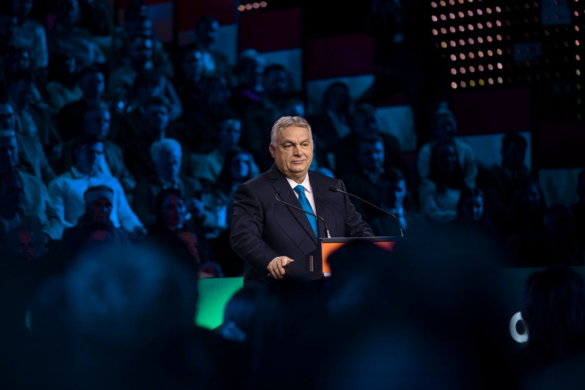 Budapest, 2026. február 14.
A Miniszterelnöki Kommunikációs Főosztály által közreadott képen Orbán Viktor miniszterelnök évértékelő beszédét tartja a Várkert Bazárban 2026. február 14-én.
MTI/Miniszterelnöki Kommunikációs Főosztály/Kaiser Ákos