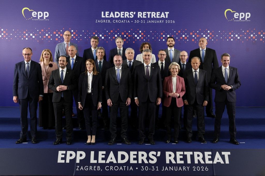 EPP leaders pose for a family photo during a two-day informal meeting of leaders of the European Peoples Party (EPP), Europes largest political group, in Zagreb, on January 30, 2026. (Photo by MARKO PERKOV / AFP)