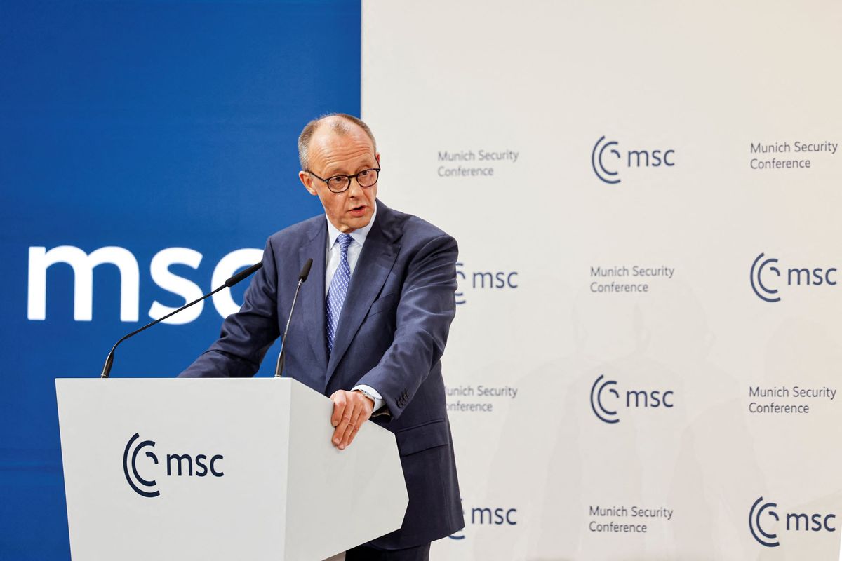 Friedrich Merz német kancellár a 62. Müncheni Biztonsági Konferencia (MSC) megnyitóján 2026. február 13-án