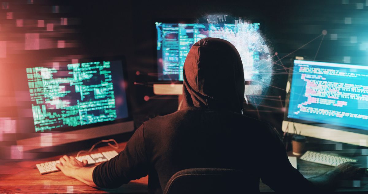 Rear view, computer and hacker with code, programming and internet with hologram, cyber security and illegal access. Person, programmer and pc with blockchain database, holographic and tech error