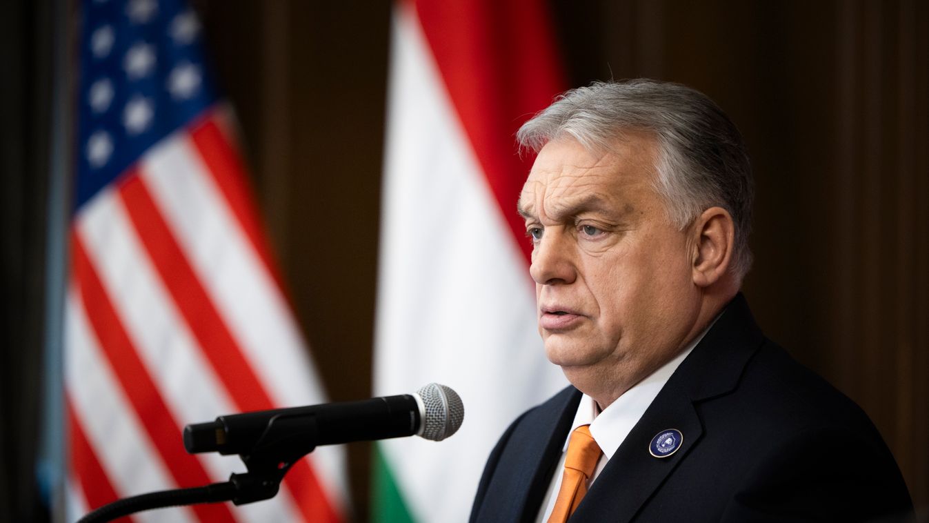 A Miniszterelnöki Kommunikációs Főosztály által közreadott képen Orbán Viktor miniszterelnök a Donald Trump amerikai elnök által kezdeményezett Béketanács alakuló ülése után tartott sajtótájékoztatón Washingtonban 2026. február 19-én (Fotó: MTI/Minisztere
