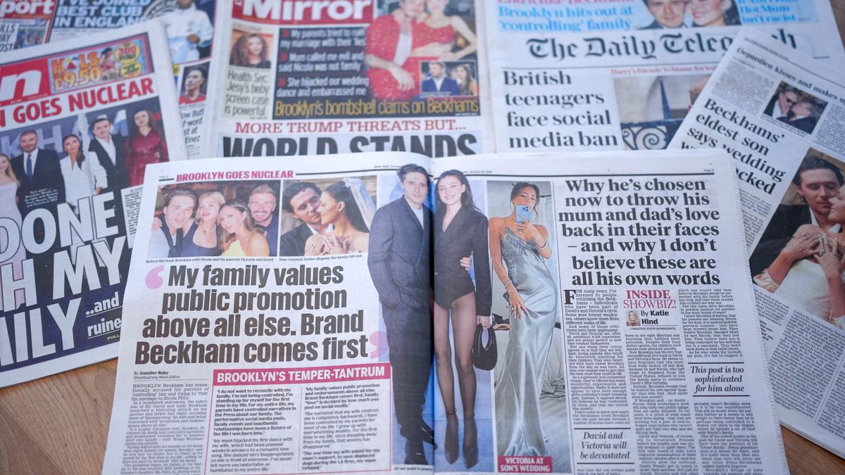 LONDON, ENGLAND - JANUARY 20: In this photo illustration,  UK newspaper front pages display stories and images on the Beckham family feud on January 20, 2026 in London, England. On Monday night, Brooklyn Beckham posted a six-page statement via Instagram detailing the tension between him and his parents, Sir David and Victoria Beckham. (Photo Illustration by Mark Case/Getty Images)