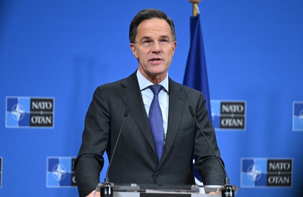 BRUSSELS, BELGIUM - FEBRUARY 12: NATO Secretary General Mark Rutte, German Defense Minister Boris Pistorius (not seen), UK Defense Secretary John Healey (not seen), and Ukrainian Defense Minister Mykhailo Fedorov (not seen) hold a joint press conference after the Ukraine Defense Contact Group meeting in Brussels, Belgium on February 12, 2026. Dursun Aydemir / Anadolu (Photo by Dursun Aydemir / Anadolu via AFP)