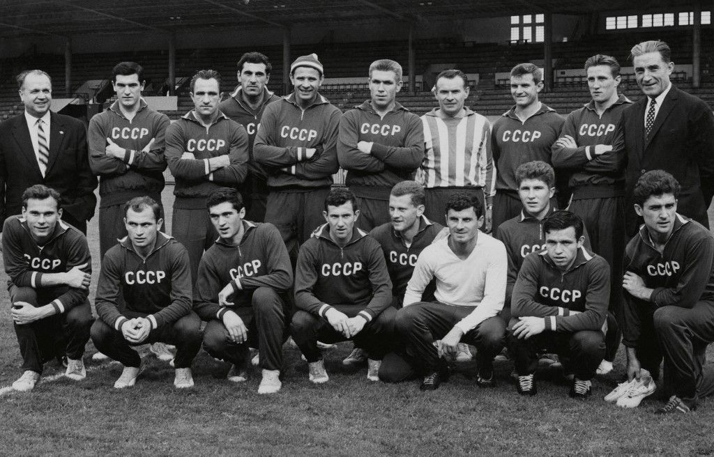Soviet football team poses on November 1963 in Rome prior the beginning of the European Championship for Nations. The USSR champions beat Italy 2-0 with goals scored by Ponedelnik and Chislenko, with the Italian Pascutti sent off. In Rome, Mazzola missed a penalty, so the Soviets took the lead and Rivera drew just to defend their honour. Standing, L-R: Valentine Granatkine, President of Soviet Soccer Federation and Vice-President of FIFA, Valery Voronine, Anatoly Kroutikov, Amaz Urchadze, Lev Yachine, Vladimir Glotov, Constantin Beskov, coach, Victork Chustikov, Albert Chesterneev and Starostine, sec. gen. Soviet Football federation. First row, L-R: Valentin Ivanov, Michel Meskhi, Guennady Logofet, Igor Chislenko, Victor Ponedielnik, Slava Metreveli, Eduard Malafeev, Galimzian Khussainnov and Valery Korolev. (Photo by AFP)
