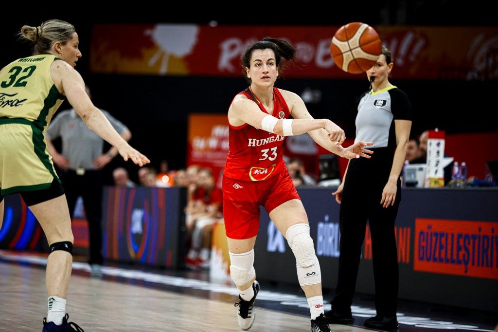 Panka Dul of Hungary National Team passes the ball during the Women's Basketball World Cup 2026 Qualifying Tournaments Groupe Phase - Group A between Australia National Team and Hungary National Team at Turkcell Basketball Development Center on March 14, 2026 in Istanbul, Turkey. (Photo by Burak Basturk / Middle East Images via AFP)