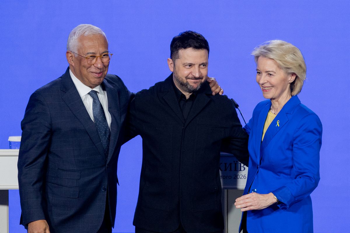 European Council President Antonio Costa (L), Ukraine's President Volodymyr Zelensky (C) and the President of the European Commission Ursula von der Leyen (R) posing for a photo during a press conference in Kyiv on February 24, 2026, as Ukraine marks the fourth anniversary of Russia's invasion. EU chief said on February 24, 2026 the bloc would make good on a 90-billion-euro ($106-billion) loan for Ukraine despite the Kremlin-friendly leader of Hungary, Viktor Orban, blocking the measure. (Photo by Tetiana DZHAFAROVA / AFP)