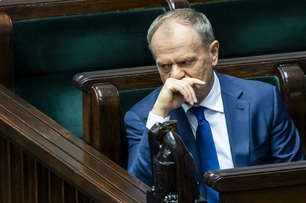 Donald Tusk during a session of the Sejm of the Republic of Poland, at which the consequences of President Karol Nawrockis refusal to sign the SAFE Act were discussed; under this Act, Poland was to receive a low-interest loan for the purchase of weapons and the development of the defence industry in Warsaw, Poland, on March 13, 2026. (Photo by Andrzej Iwanczuk/NurPhoto) (Photo by ANDRZEJ IWANCZUK / NurPhoto via AFP)