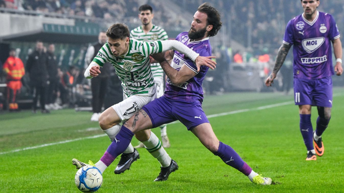 Marius Corbu, a Ferencváros (b) és Fran Brodic, az Újpest játékosa az NB I 21. fordulójában játszott Ferencváros–Újpest mérkőzésen a Groupama Arénában 2026. február 7-én. Ferencváros nyert 3-0-ra Fotó: Purger Tamás Forrás: MTI Fotószerkesztõség