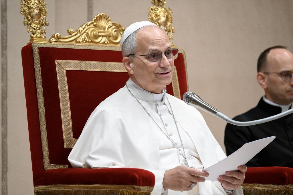 This handout photograph taken and released on March 14, 2026 by The Vatican Media shows Pope Leo XIV speaking during the inauguration of the Judicial Year of the Tribunal of the Vatican City State, in the Vatican City. (Photo by Mario Tomassetti / VATICAN MEDIA / AFP) / RESTRICTED TO EDITORIAL USE - MANDATORY CREDIT "AFP PHOTO / VATICAN MEDIA" - NO MARKETING NO ADVERTISING CAMPAIGNS - DISTRIBUTED AS A SERVICE TO CLIENTS
