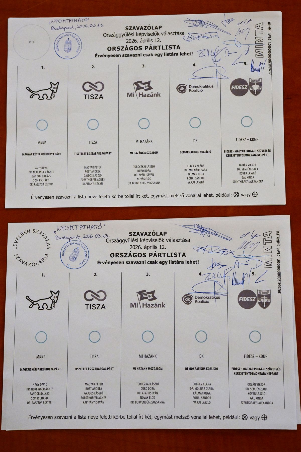 Budapest, 2026. március 13.
Az országos pártlistás szavazólapok mintái a Nemzeti Választási Bizottság (NVB) ülésén Budapesten 2026. március 13-án.
MTI/Bodnár Boglárka