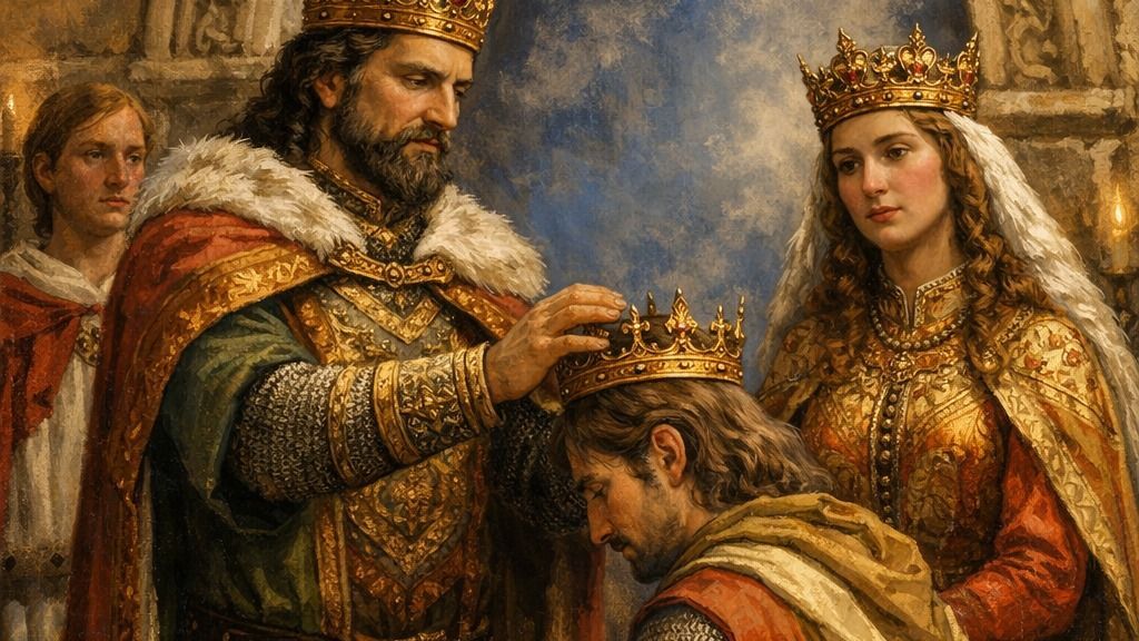 IV. Béla társuralkodóvá koronázza fiát, Istvánt. A király mellett Laszkarisz Mária látható.