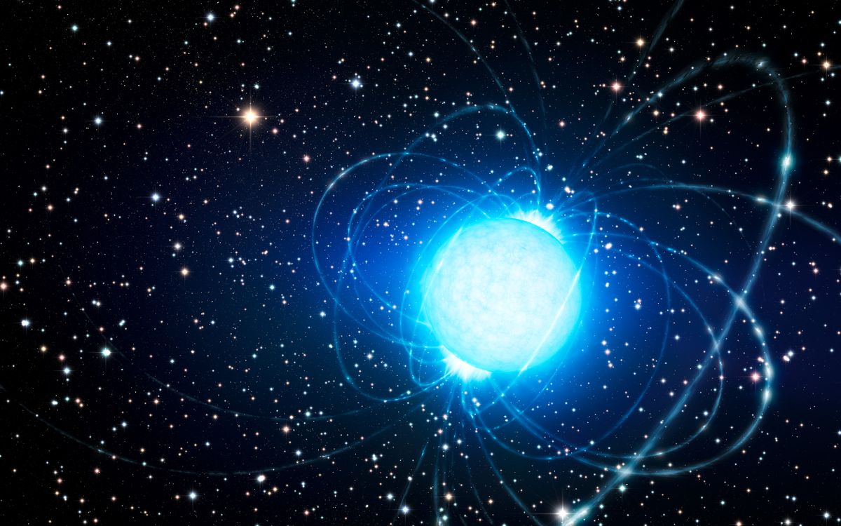This artist’s impression shows the magnetar in the very rich and young star cluster Westerlund 1. This remarkable cluster contains hundreds of very massive stars, some shining with a brilliance of almost one million suns. European astronomers have for the first time demonstrated that this magnetar — an unusual type of neutron star with an extremely strong magnetic field — probably was formed as part of a binary star system. The discovery of the magnetar’s former companion elsewhere in the cluster helps solve the mystery of how a star that started off so massive could become a magnetar, rather than collapse into a black hole.