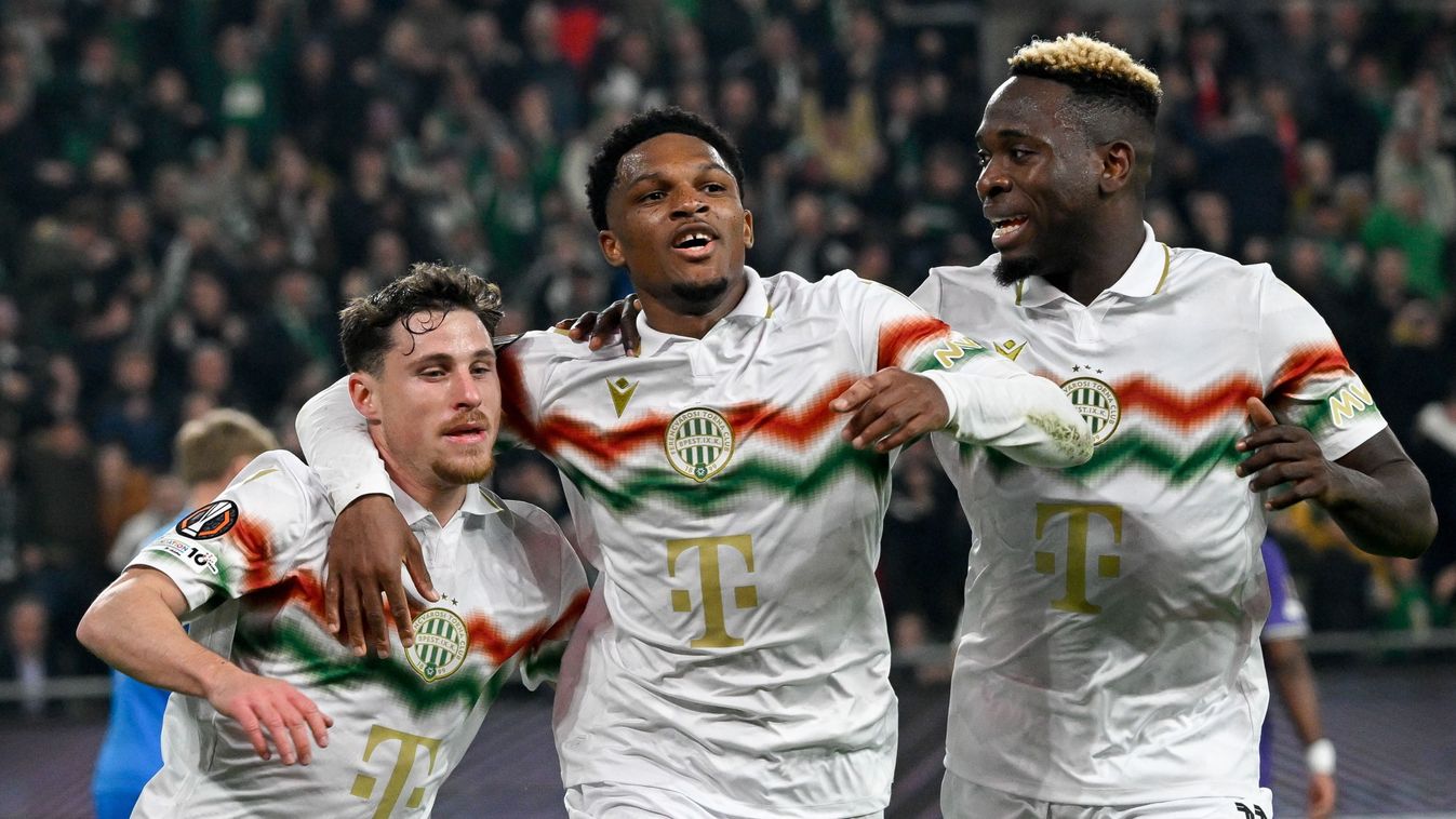 Joseph
Budapest, 2026. március 12.
A ferencvárosi gólszerző Gavriel Kanikovszki (b), valamint Lenny Joseph (k) és Bamidele Yusuf ünnepel a labdarúgó Európa-liga nyolcaddöntős párharc Ferencvárosi TC - SC Braga első mérkőzésén a Groupama Arénában 2026. már