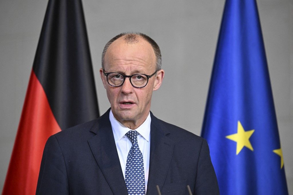 BERLIN, GERMANY - MARCH 16: German Chancellor Friedrich Merz and Dutch Prime Minister Rob Jetten attend joint press conference after their meeting at the Chancellery in Berlin, Germany on March 16, 2026. Halil Sagirkaya / Anadolu (Photo by HALIL SAGIRKAYA / Anadolu via AFP)