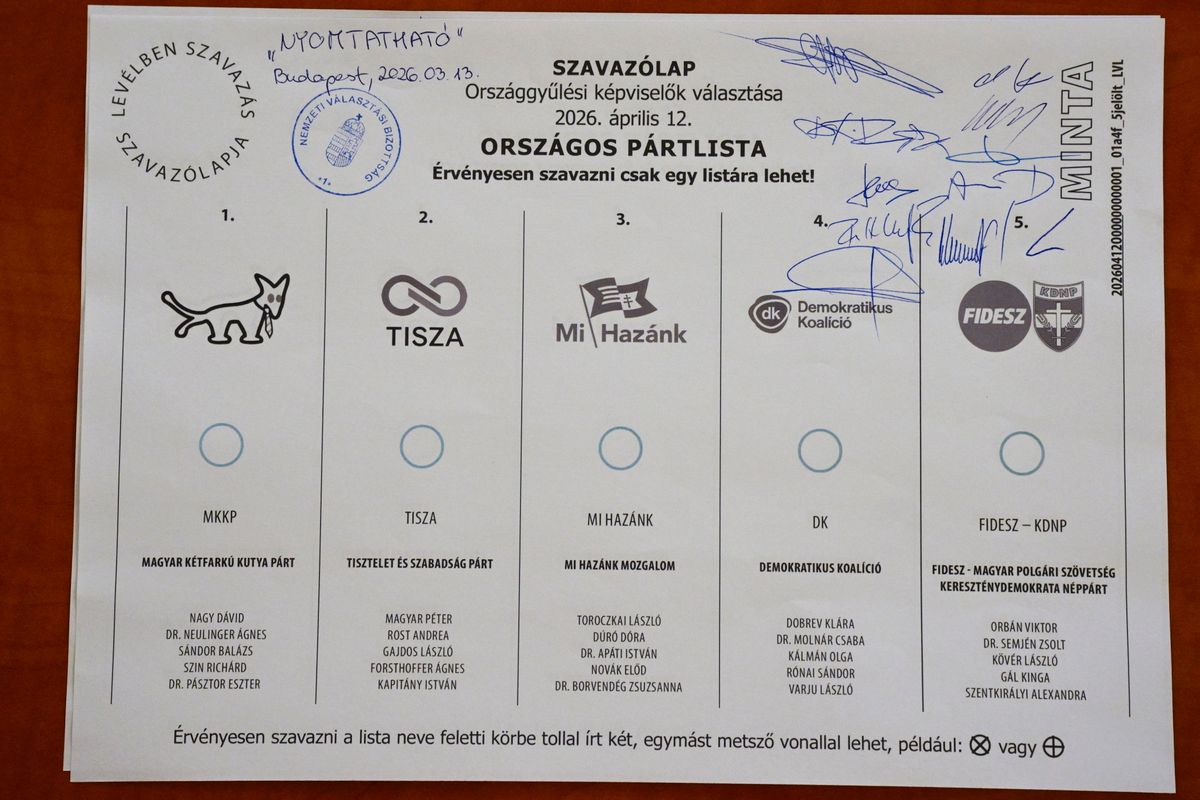 Budapest, 2026. március 13.
Az országos pártlistás szavazólap mintája a Nemzeti Választási Bizottság (NVB) ülésén Budapesten 2026. március 13-án.
MTI/Bodnár Boglárka