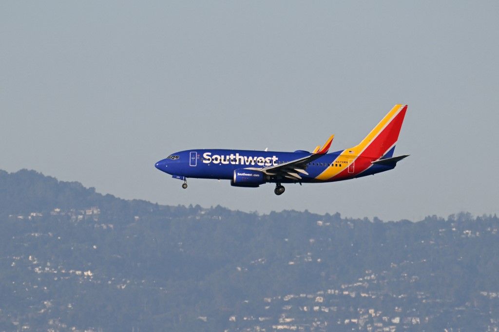 SAN FRANCISCO, CALIFORNIA - MARCH 23: A Southwest Airlines plane lands at San Francisco International Airport (SFO) in San Francisco, California, United States on March 23, 2026. Tayfun Coskun / Anadolu (Photo by Tayfun Coskun / Anadolu via AFP)