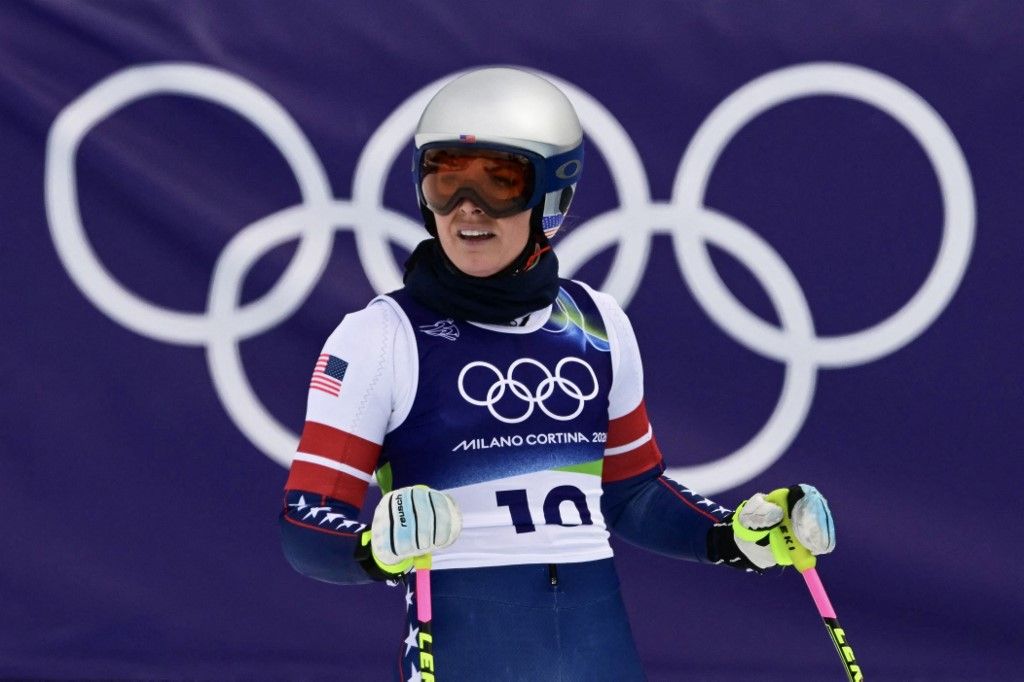USA's Lindsey Vonn reacts after taking part in the second official training for the women's downhill event ahead of the Milano Cortina 2026 Winter Olympic Games at the Tofane Alpine Skiing Centre in Cortina dAmpezzo on February 6, 2026. (Photo by Stefano RELLANDINI / AFP)