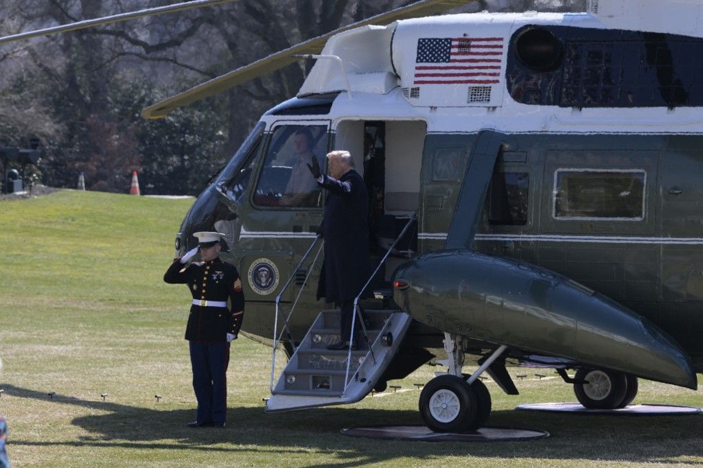 US President Donald Trump speaks with reporters about Cuba, Iran, and Epstein files before departing to Corpus Christi, Texas, on February 27, 2026, at South Lawn/White House in Washington DC, USA. (Photo by Lenin Nolly/NurPhoto) (Photo by Lenin Nolly / NurPhoto via AFP)