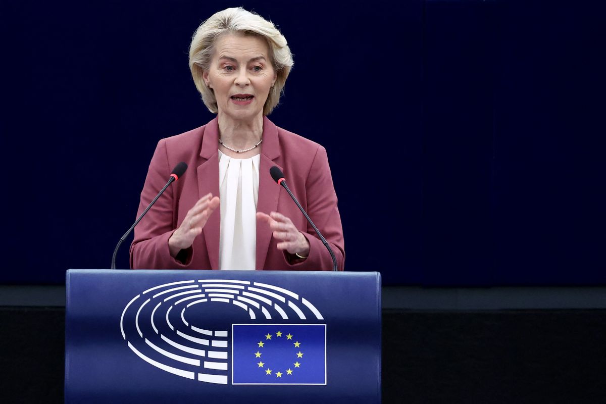 European Commission President Ursula von der Leyen speaks during a joint debate on the preparation of the European Council meeting on March 19 and 20, 2026 and on the US-Israeli war on Iran, at the European Parliament in Strasbourg, eastern France, on March 11, 2026. (Photo by FREDERICK FLORIN / AFP)
