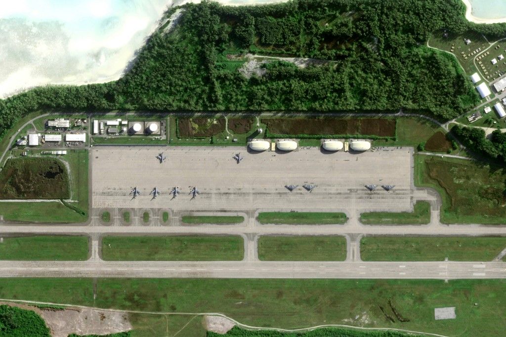 This satellite image released on April 2, 2025 and taken on March 29 by Planet Labs PBC shows four American B-2 bomber planes on the tarmac of Mauritius' US military base on Diego Garcia island as well as six logistical Stratotanker aircrafts for in-flight refueling. The United States is increasing the number of aircraft carriers deployed in the Middle East to two, keeping one that is already there and sending another from the Indo-Pacific, the Pentagon said April 2, 2025. The announcement comes as US forces hammer Yemen's Huthi rebels with near-daily air strikes in a campaign aimed at ending the threat they pose to civilian shipping and military vessels in the region. (Photo by Handout / Planet Labs / AFP) / RESTRICTED TO EDITORIAL USE - MANDATORY CREDIT "AFP PHOTO / 2025 PLANET LABS PBC" - NO MARKETING NO ADVERTISING CAMPAIGNS - DISTRIBUTED AS A SERVICE TO CLIENTS