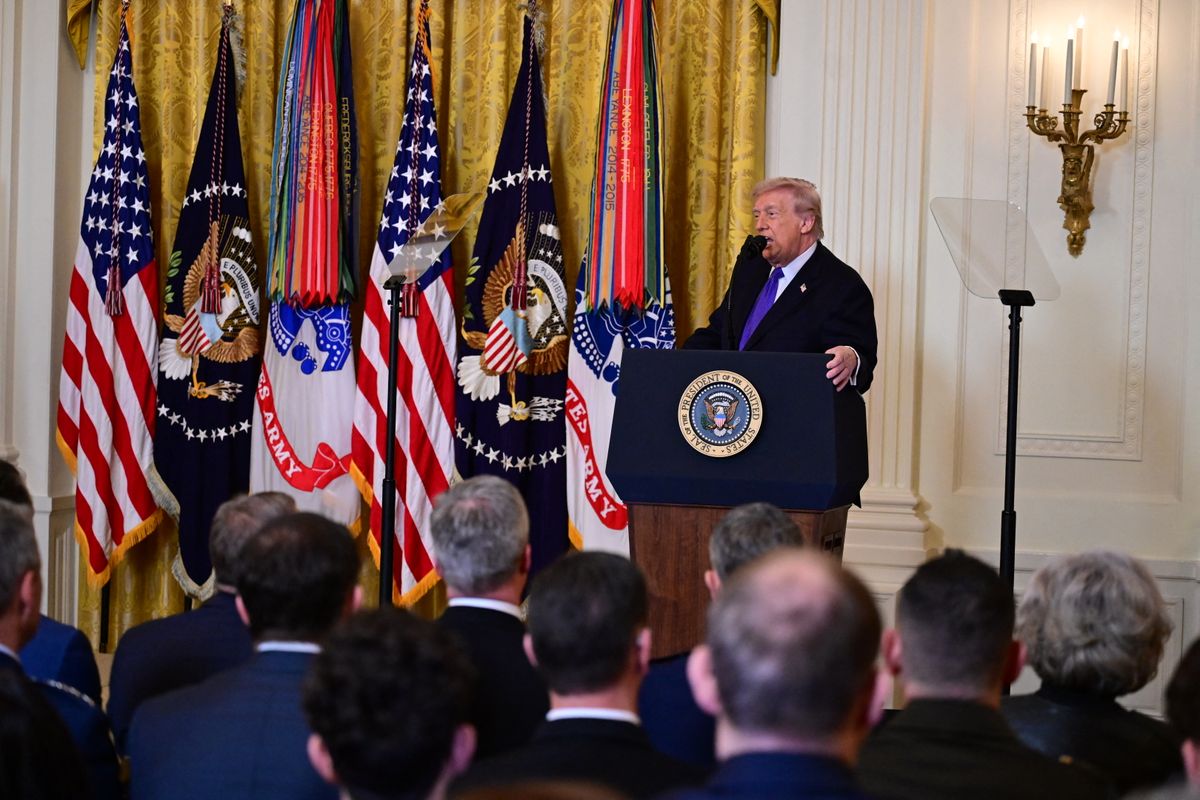 U.S. President Donald Trump speaks on ''Operation Epic Fury'' and provides an update on the Attack on Iran at a Medal of Honor Ceremony in the East Room of the White House in Washington, DC, on March 2, 2026. Trump also awards three soldiers the highest military decoration: Master Sgt. Roddie Edmonds, who dies in 1985, for shielding Jewish prisoners from Nazi guards during World War II; then-Staff Sgt. Terry Richardson for saving 85 lives of fellow soldiers during the Vietnam War; and Staff Sgt. Michael Ollis, who dies in the Afghanistan War when he shields another soldier from a suicide bomber. (Photo by Kyle Mazza/NurPhoto) (Photo by Kyle Mazza / NurPhoto via AFP)