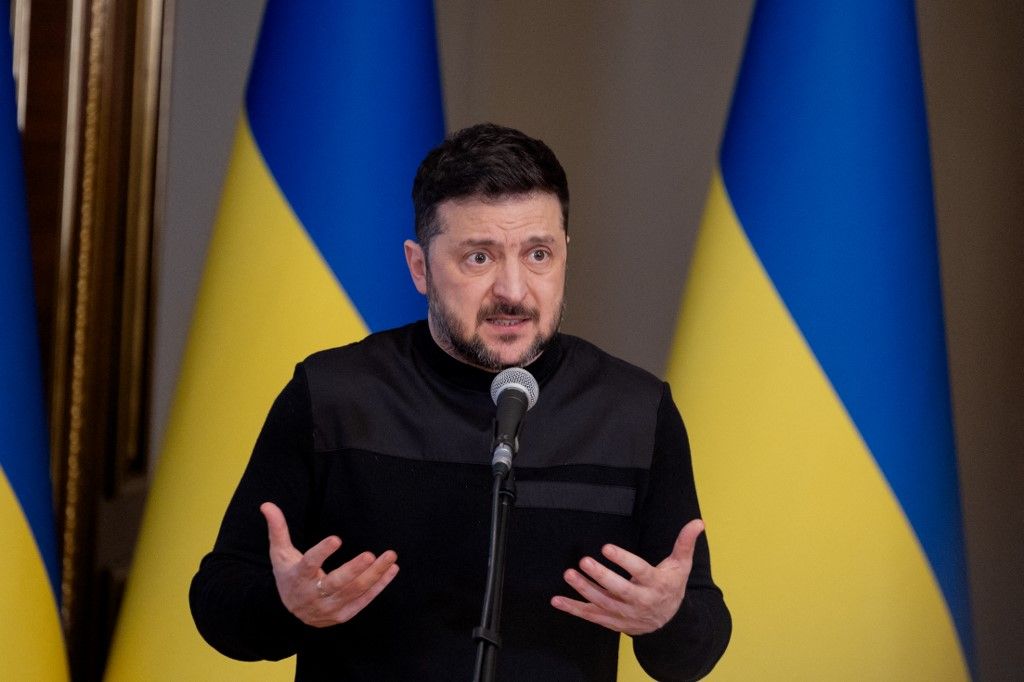 Ukraine's President Volodymyr Zelensky speaks during a press conference in Kyiv on March 3, 2026, amid the Russian invasion of Ukraine. (Photo by Tetiana DZHAFAROVA / AFP)
