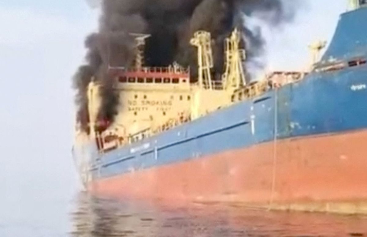 Smoke billows from an oil tanker under U.S. sanctions, that was hit off Oman's Musandam peninsula, in this screen grab from a video obtained by REUTERS on March 1, 2026.
THIS IMAGE HAS BEEN SUPPLIED BY A THIRD PARTY
VERIFICATION
Identity of the vessel confirmed as Skylight by its deck shape, paint, and signage, which matched file imagery
Exact time not verified
However, Oman's maritime security center said that Skylight was attacked about five nautical miles off Oman's Musandam on Sunday (March 1)
Ship tracking data puts the vessel off the coast of Oman on Saturday (March 1)
