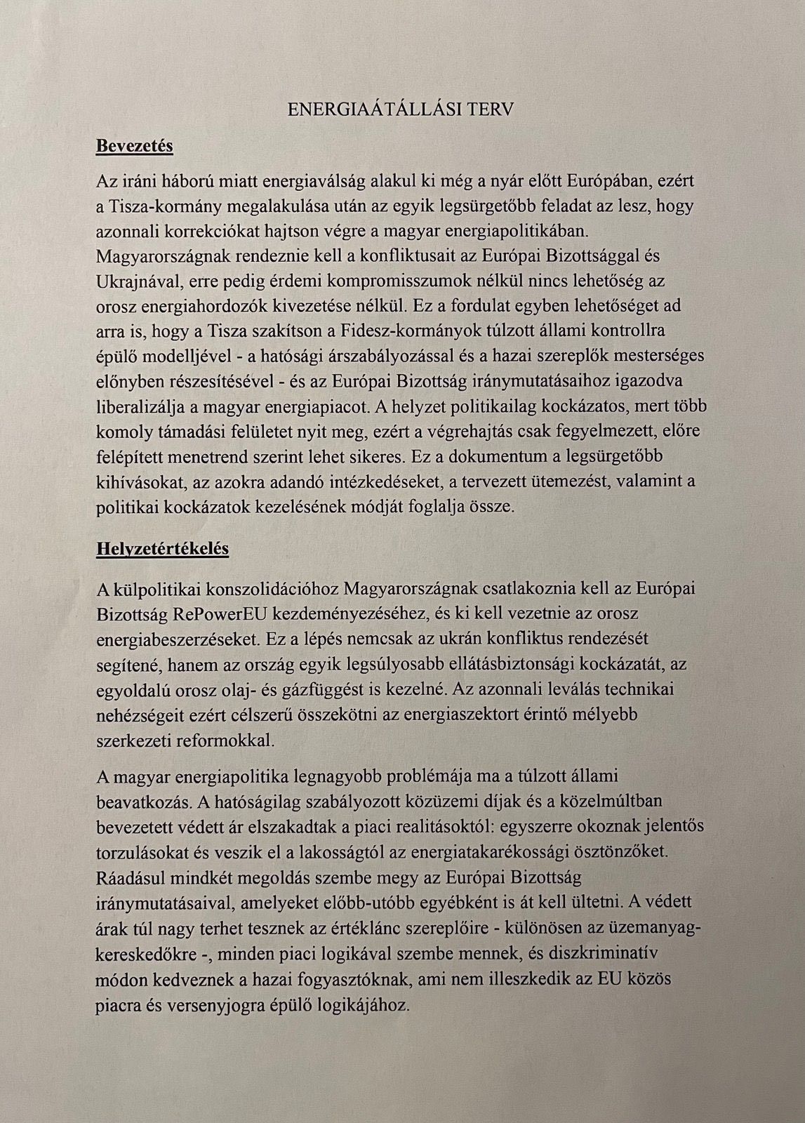 Tisza Párt energiapolitika terv