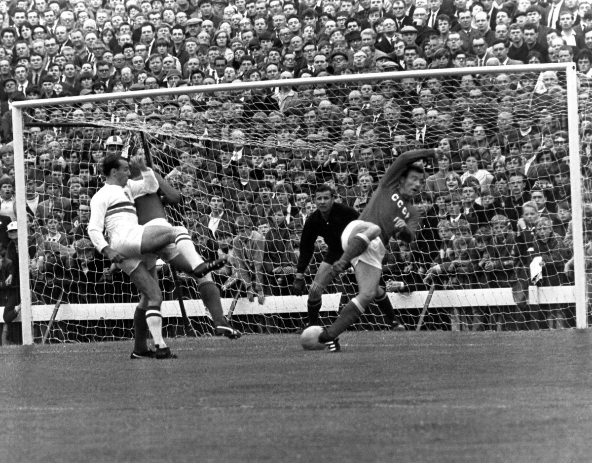 World Cup 1966: USSR versus Hungary, Quarter Final at Roker Park. Hungarian Bene shoots for goal watched by Russian goalkeeper Yashin. Final score: USSR 2-1 Hungary. 23rd July 1966. (Photo by Staff/Daily Mirror/Mirrorpix via Getty Images)
