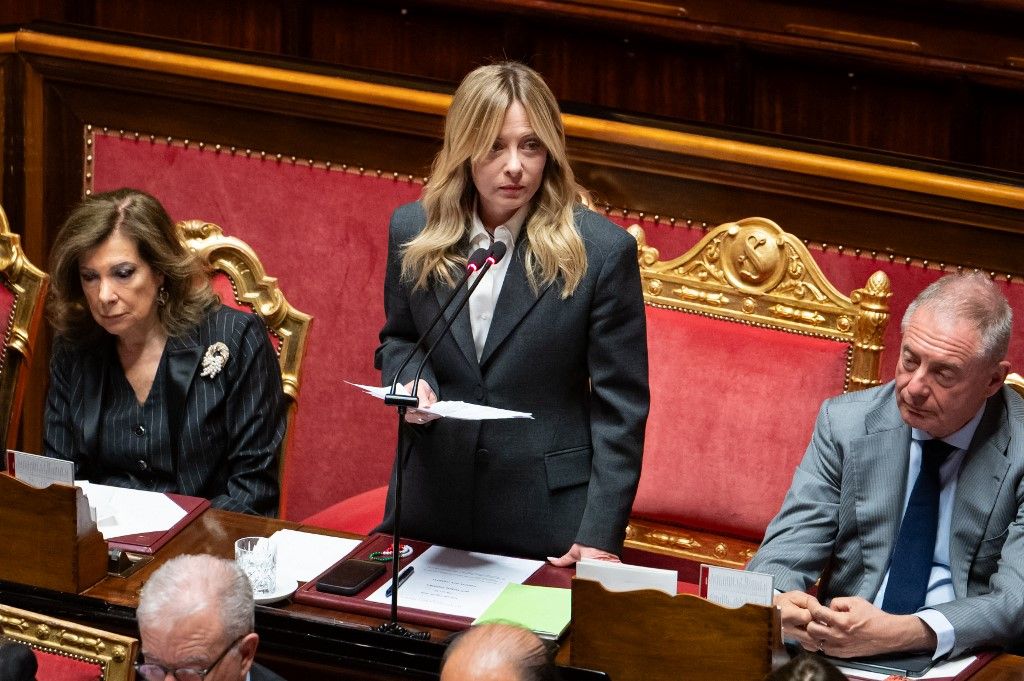 Italian Prime Minister Giorgia Meloni is in the Senate chamber during a briefing to Parliament on the government's activity in Rome, Italy, on April 9, 2026. (Photo by Massimo Valicchia/NurPhoto) (Photo by Massimo Valicchia / NurPhoto via AFP)