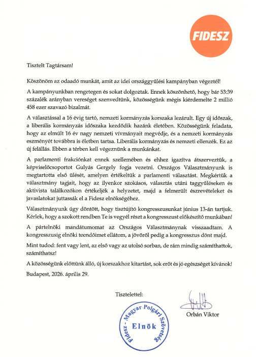 Orbán Viktor levele a Fidesz tagsághoz.