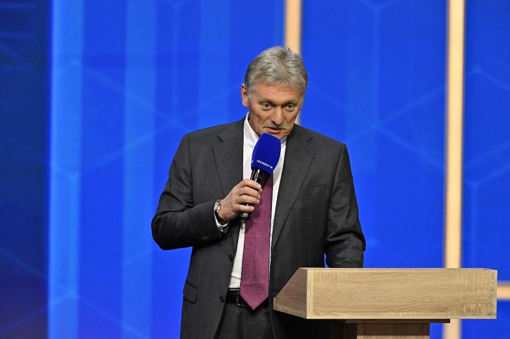 MOSCOW, RUSSIA - DECEMBER 19: Kremlin Spokesman Dmitry Peskov moderates Russian President Vladimir Putin's annual special televised question-and-answer session and year-end news conference, held at the Gostiny Dvor in Moscow, Russia, on December 19, 2025. Sefa Karacan / Anadolu (Photo by SEFA KARACAN / Anadolu via AFP)