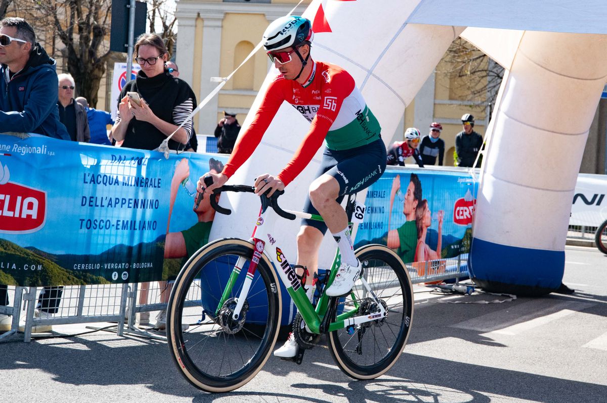 Marton Dina of MBH Bank CSB Telecom Fort at the start of the third stage of Settimana Internazionale Coppi e Bartali in Erbusco, Italy, on March 27, 2026. (Photo by Silvia Colombo/NurPhoto) (Photo by Silvia Colombo / NurPhoto via AFP)