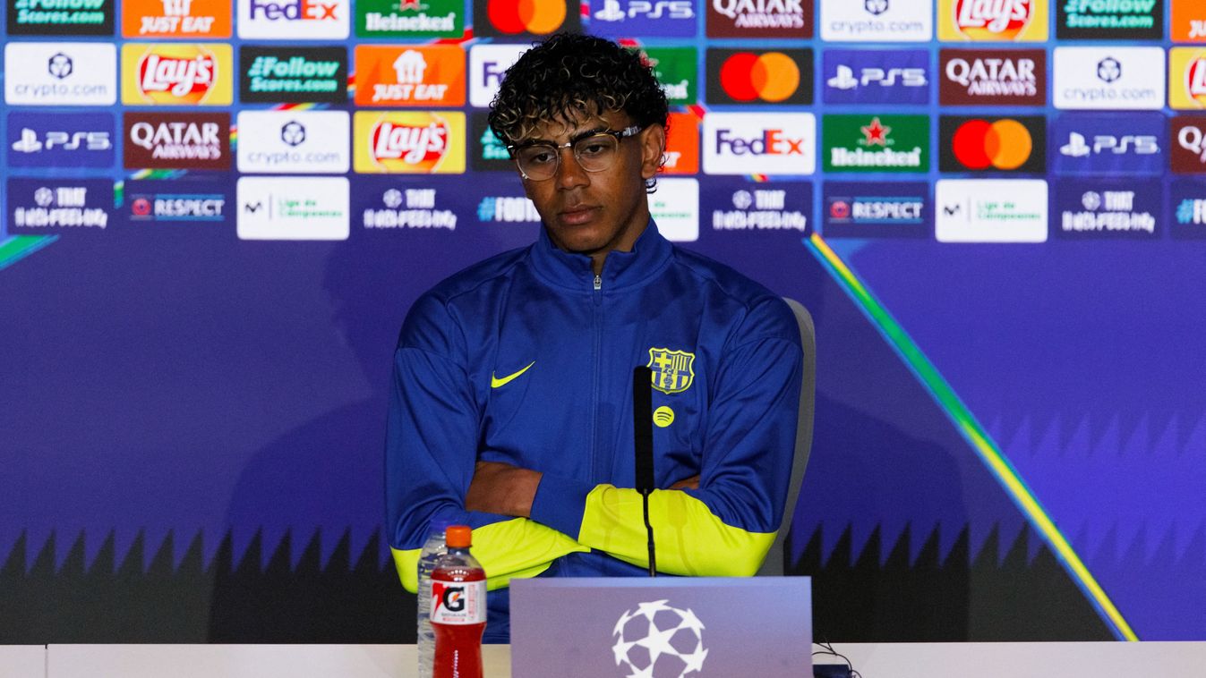 Lamine Yamal
 of FC Barcelona attends a press conference in Madrid, Spain, on April 13, 2025, ahead of the UEFA Champions League 2025/26 match between Atletico de Madrid and Barcelona at Riyadh Air Metropolitano Stadium. (Photo by Guillermo Martinez/NurPh