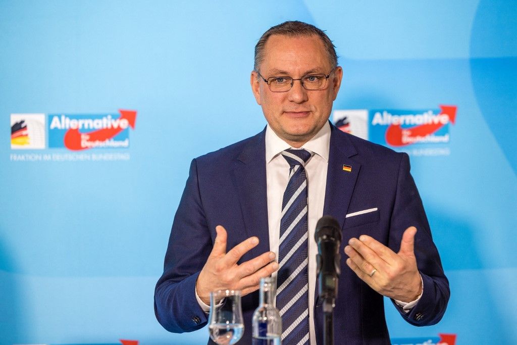 12 April 2026, Brandenburg, Cottbus: Tino Chrupalla (AfD), federal and parliamentary group leader, speaks at a press conference at the end of the AfD parliamentary group retreat in Cottbus. Photo: Frank Hammerschmidt/dpa (Photo by Frank Hammerschmidt / dpa Picture-Alliance via AFP)