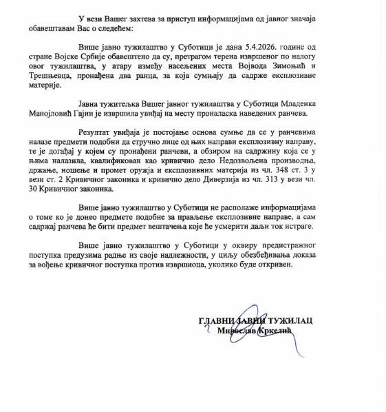 A Magyar Nemzetnek a Szabadkai Felsőbb Ügyészség vizsgálata megerősítette: a megtalált eszközök alkalmasak lehettek robbanószerkezet előállítására