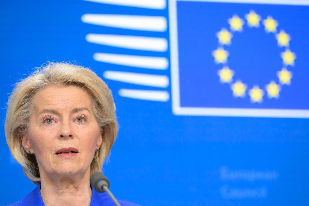 The president of the European Commission, Ursula von der Leyen, speaks during a press conference at the end of the European Council meeting in Brussels, Belgium, on March 20, 2026. EU leaders discuss the impact of the Iran conflict on energy prices and security, alongside divisions over support for Ukraine prior to the European summit meeting in Brussels. (Photo by Jonathan Raa/NurPhoto) (Photo by Jonathan Raa / NurPhoto via AFP)