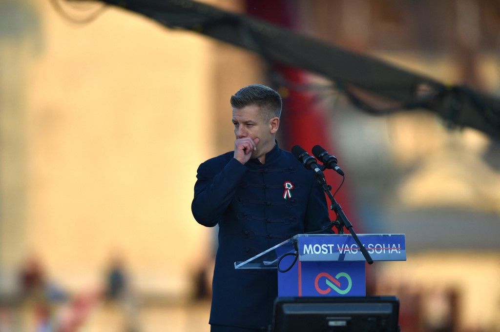 Peter Magyar, a prime ministerial candidate of Hungary, speaks during a rally of the Tisza Party in Budapest, Hungary, on March 15, on the anniversary of the 1848/49 Hungarian Revolution. Rallies from all major parties are scheduled for today, marking one of the most important days of the election campaign as Hungary is due to hold a general election in April. (Photo by Balint Szentgallay/NurPhoto) (Photo by Balint Szentgallay / NurPhoto via AFP)