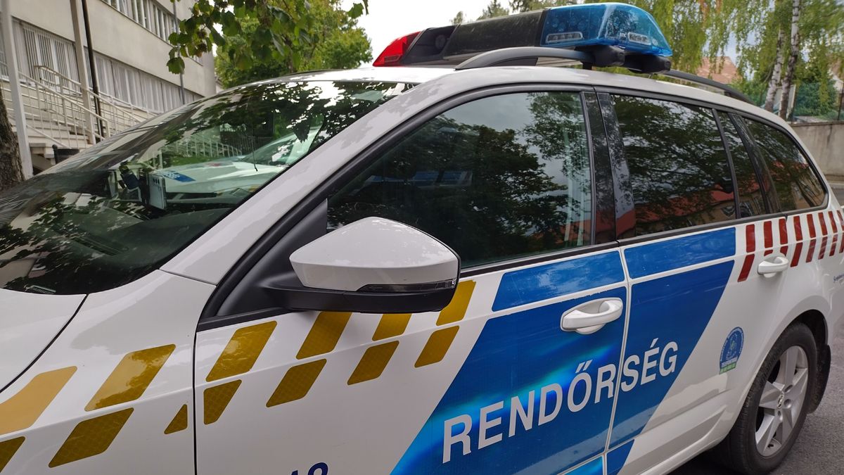 Keszthely, Hungary, August 8, 2024: Side of Hungarian police patrol car. Labeled Rendőrség (police). National civil law enforcement agency of Hungary. Governed by the Interior Ministry rendőrautó