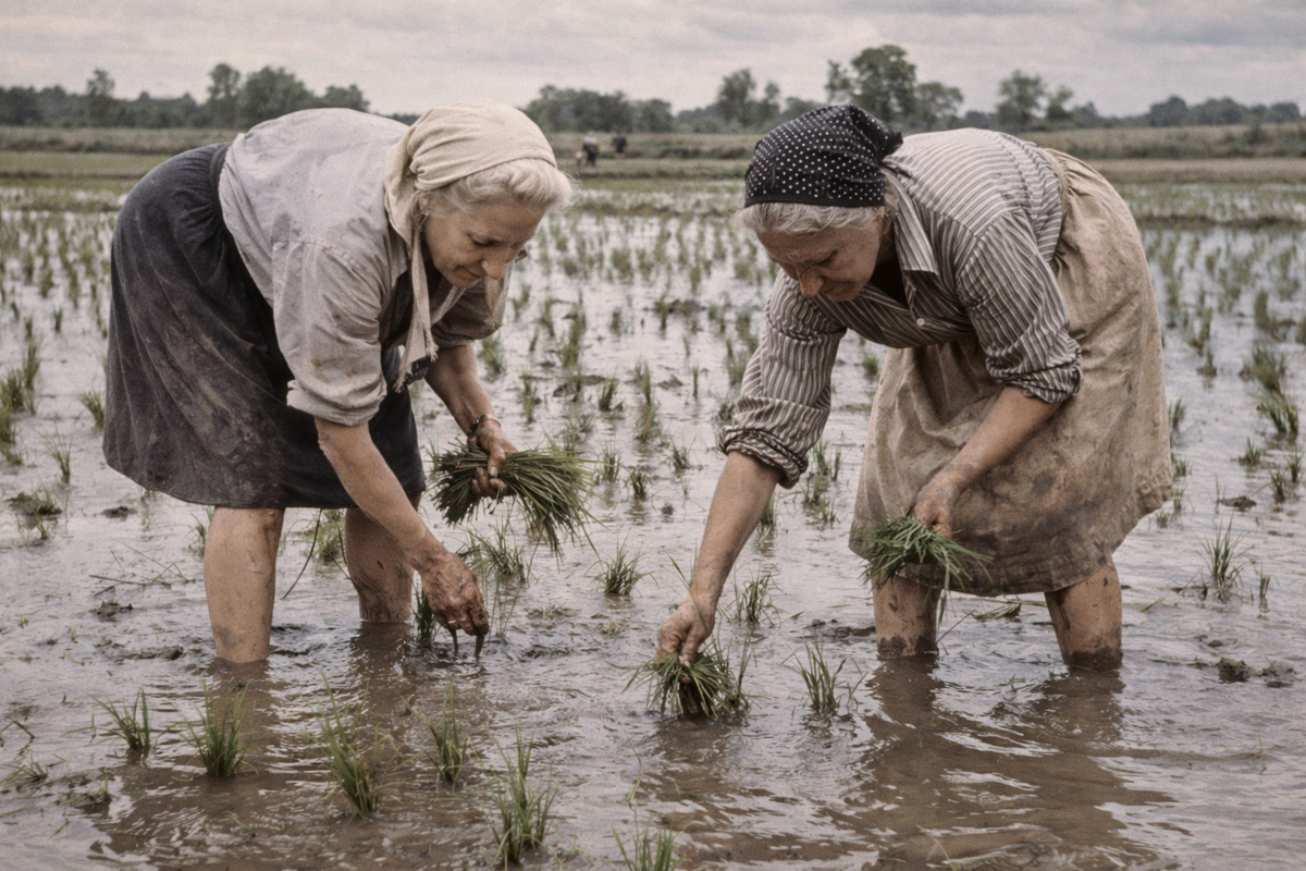 Kitelepítettek dolgoznak a rizsföldeken
