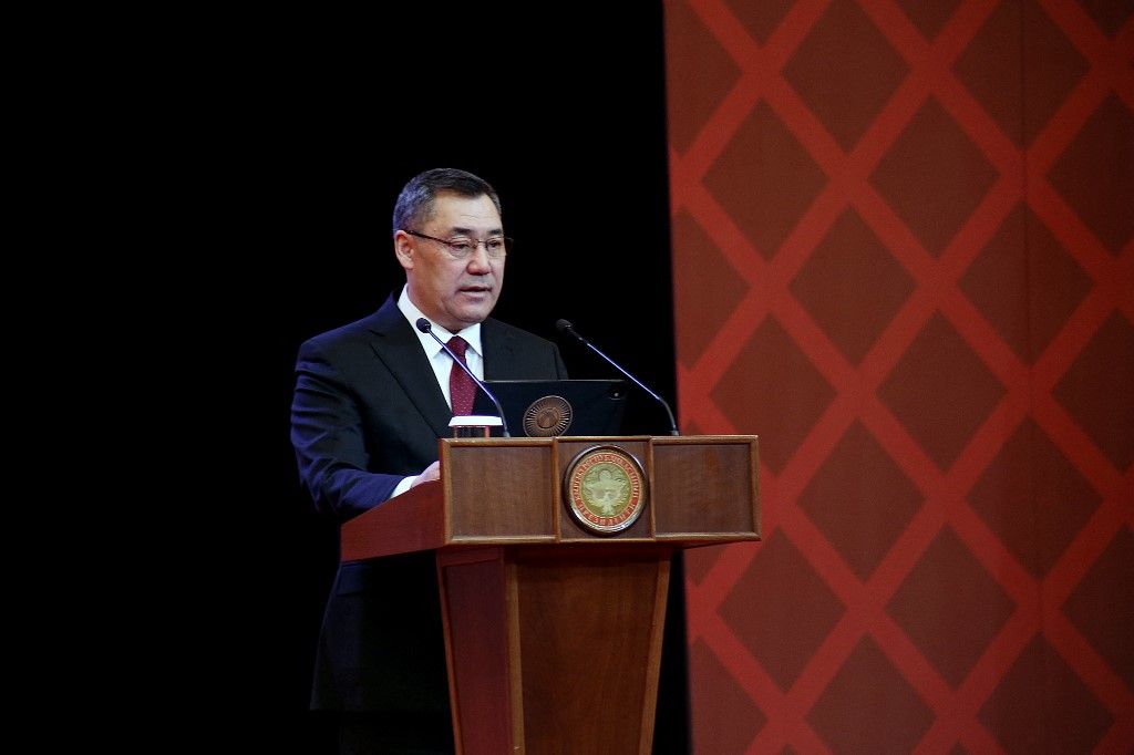 BISHKEK, KYRGYZSTAN - DECEMBER 25: Kyrgyz President Sadyr Japarov delivers a speech during the fourth session of the People’s Kurultai, aimed at strengthening social solidarity and addressing the country’s current issues and demands in Bishkek, Kyrgyzstan on December 25, 2025. Nazir Aliyev Tayfur / Anadolu (Photo by Nazir Aliyev Tayfur / Anadolu via AFP)