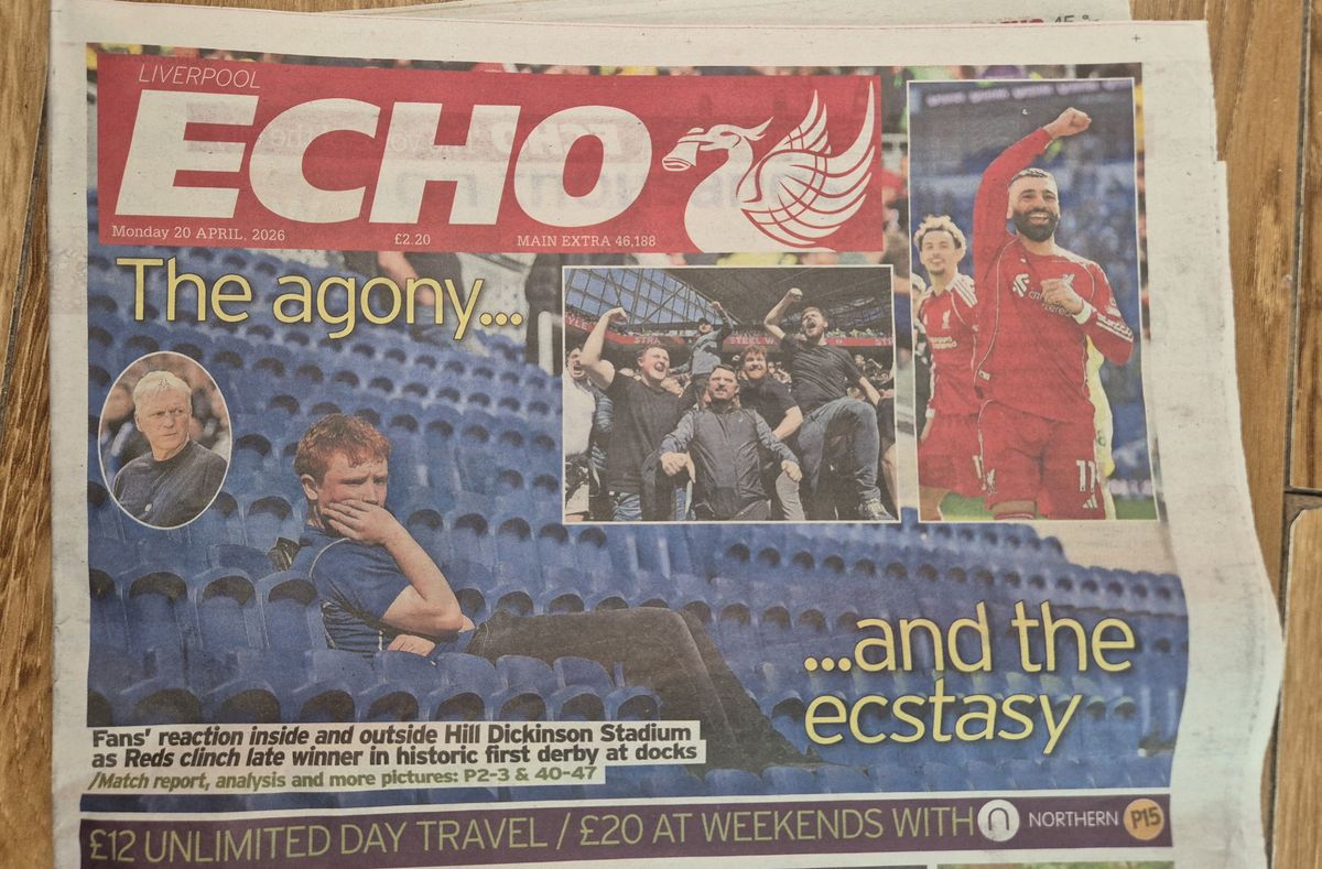 A Liverpool Echo címlapja az Everton–Liverpool derbi másnapján – a belső cikk Szoboszlai Dominik teljesítményét is méltatta