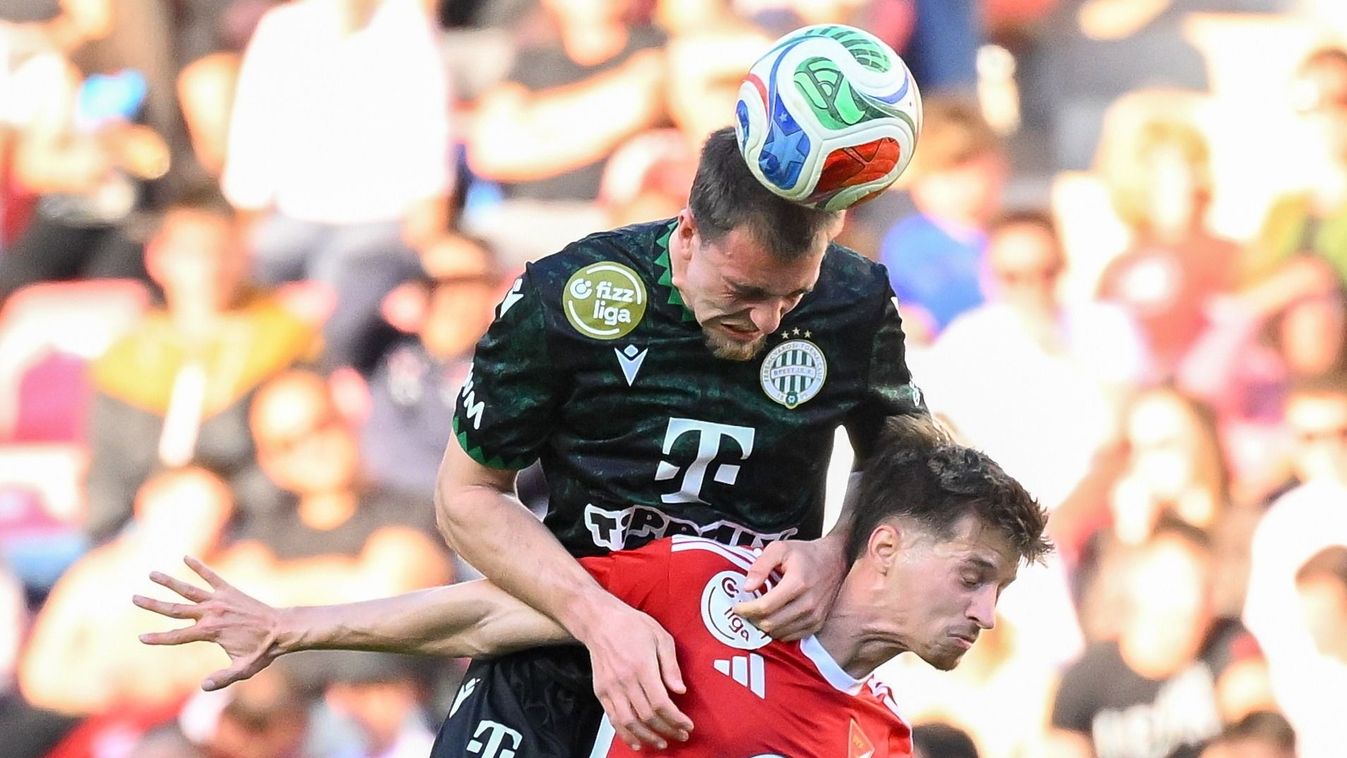 Fradi
Debrecen, 2026. április 5.
Szuhodovszki Soma, a Debrecen (j) és Toon Raemaekers, a Ferencváros játékosa a labdarúgó Fizz Liga 28. fordulójában játszott Debreceni VSC - Ferencvárosi TC mérkőzésen a debreceni Nagyerdei Stadionban 2026. április 5-én.
M